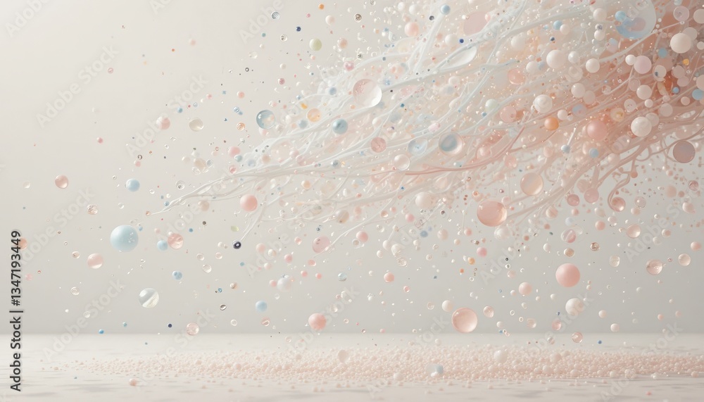 Poster dynamic explosion of colorful spheres abstract art installation studio environment close-up perspect