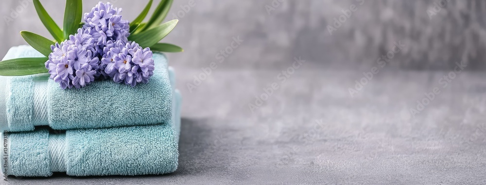 Poster soft towels adorned with lavender flowers on a grey surface creating a calming spa atmosphere in a s