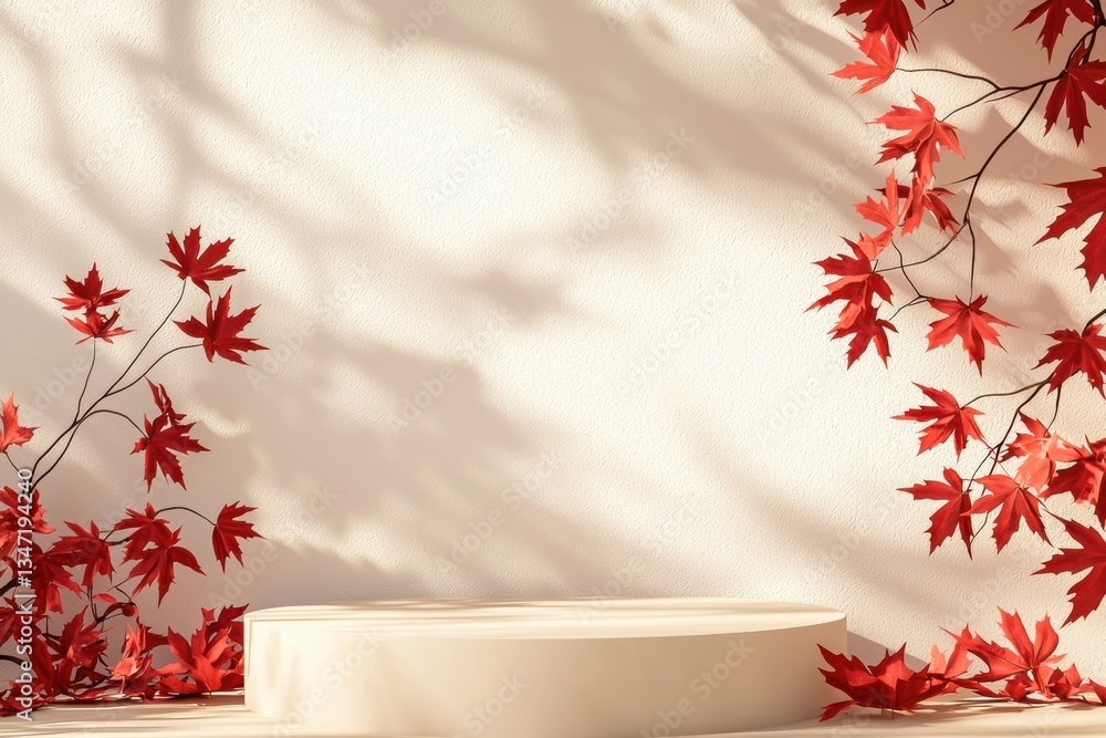 Poster Minimalist autumn background with empty podium displaying shadows of red maple leaves on beige wall for product presentation