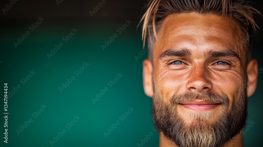 Poster man with a beard and a smile on his face. he is looking at the camera. the image has a happy and fri