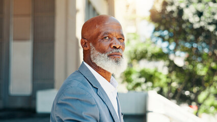 Thinking, vision and business black man in city for real estate developer, future and building...