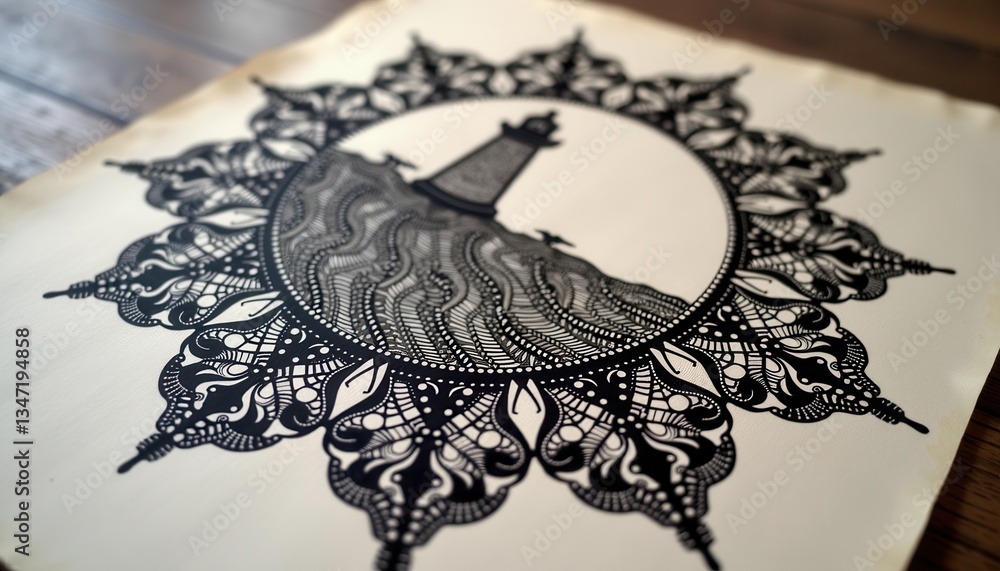Poster abstract dotwork lighthouse design with intricate patterns