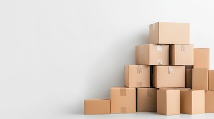 Obraz premium Moving Boxes: An orderly arrangement of brown cardboard boxes, meticulously stacked against a clean backdrop, symbolizing transition and logistics.