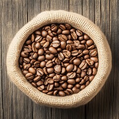Roasted Coffee Beans in Burlap Sack on Wooden Table.