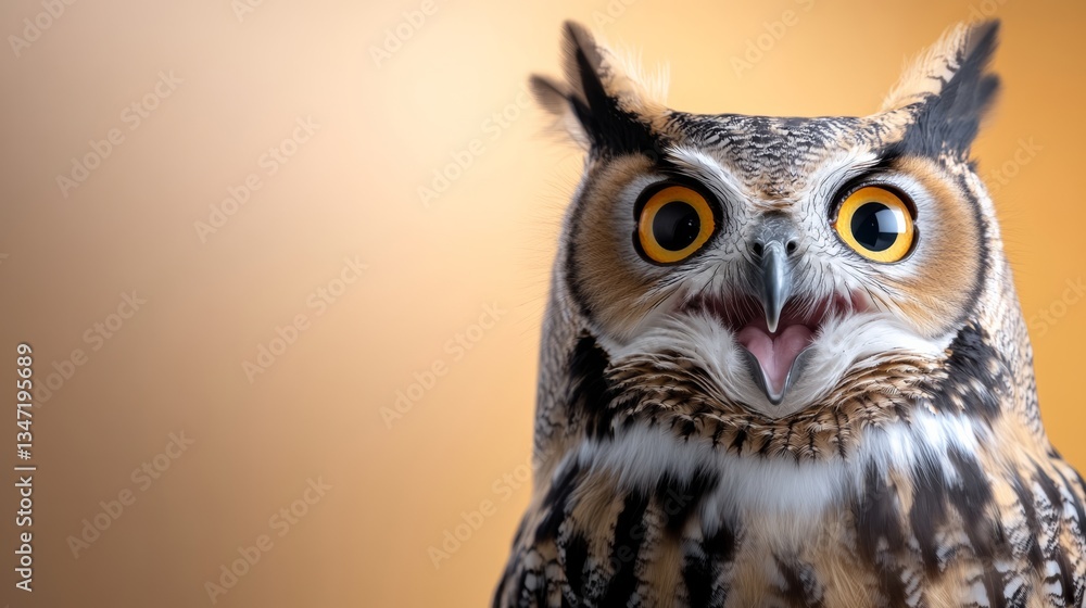 Poster large owl with yellow eyes and a mouth open is staring at the camera. the owl's eyes are wide open, 