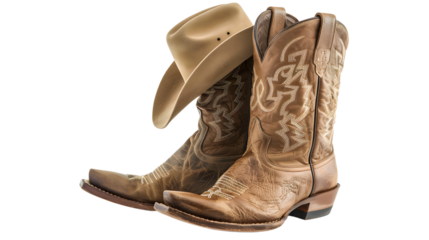 Neutral colored cowboy boots and hat isolated on transparent background, detailed photo, png 