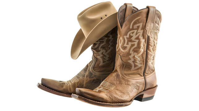 Neutral colored cowboy boots and hat isolated on transparent background, detailed photo, png 