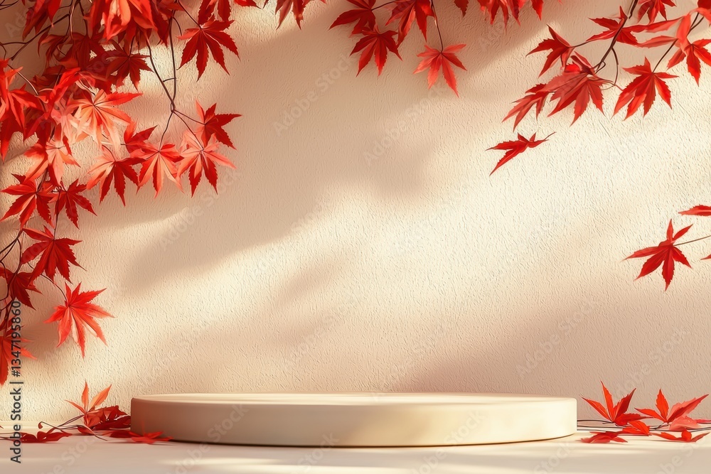 Leinwandbilder minimal empty podium displaying with red maple leaves falling on the wall for autumn season concept
