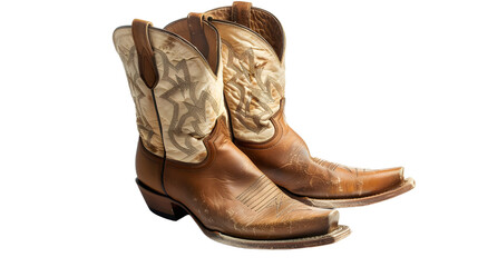 Neutral colored cowboy boots and hat isolated on transparent background, detailed photo, png 