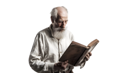 Old man inspecting a book isolated on transparent background, detailed photo, png 