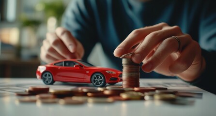 Businessman stacking coins next to a toy car, symbolizing saving money for a vehicle purchase, car insurance, or loan
