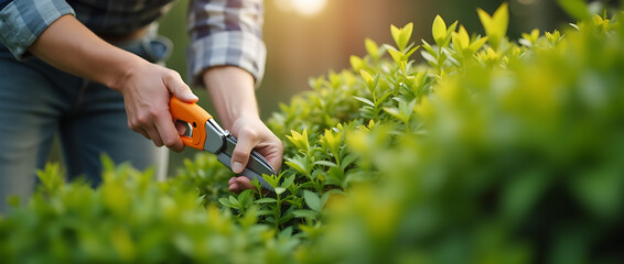 Fototapeta premium Experienced landscaper carefully trimming a lush green shrub with sharp garden shears, maintaining a well-manicured outdoor space.