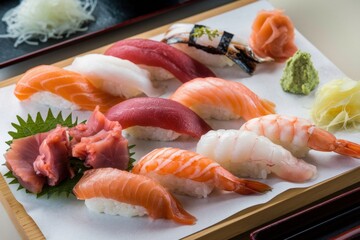 Sashimi and sushi platter featuring a variety of fresh seafood and garnishes for a delightful dining experience