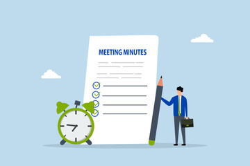 Meeting minutes, businessman writing meeting minutes with alarm clock.