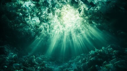 Fototapeta premium A plastic-filled abyss, with light filtering through the water and illuminating the pollution 
