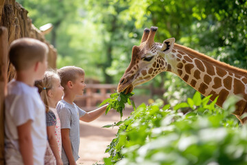 Kids enjoy feeding a giraffe at the zoo during a sunny day