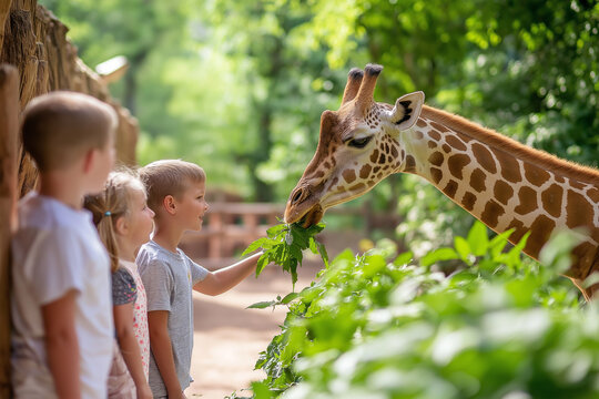 Kids enjoy feeding a giraffe at the zoo during a sunny day