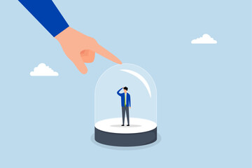 customer retention, businessman hold glass to retain small employee inside.