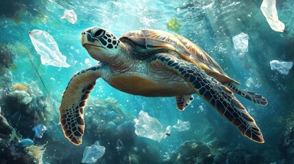 Obraz premium A sea turtle swimming through floating trash, plastic bags trailing behind 