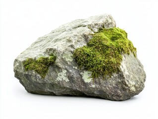 Gray Rock with Green Moss on White Background