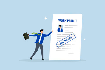 Work permit document approved, businessman employee with approved work permit paper.