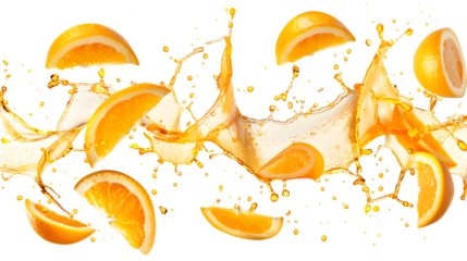 Orange peels and juice splash in the shape of a square isolated on a transparent background, detailed photo, png 