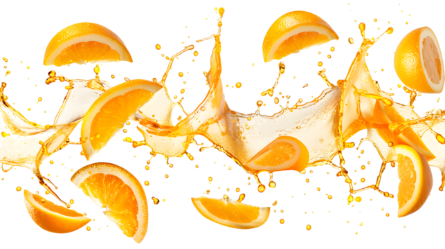 Orange peels and juice splash in the shape of a square isolated on a transparent background, detailed photo, png 