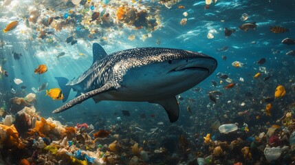 Fototapeta premium A whale shark swimming through a cloud of plastic waste, majestic yet tragic