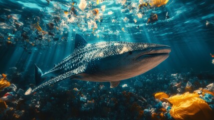 Fototapeta premium A whale shark swimming through a cloud of plastic waste, majestic yet tragic