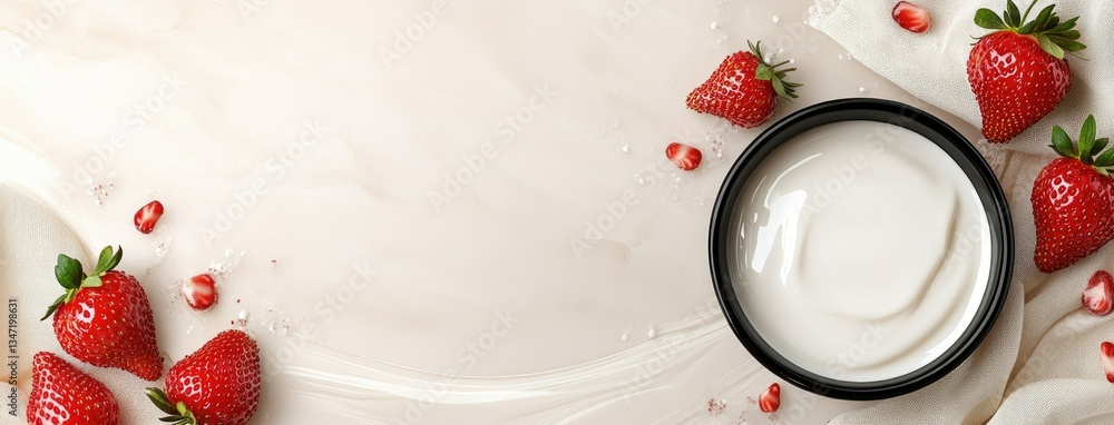 Poster fresh strawberries and creamy yogurt in a simple setup showcasing a delightful combination for healt