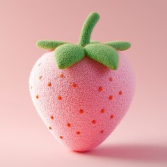 Cute soft pink strawberry plush toy with green leaves on a pastel pink background