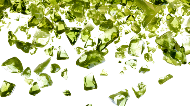 Peridot olive green particles isolated on transparent background, detailed photo, png 