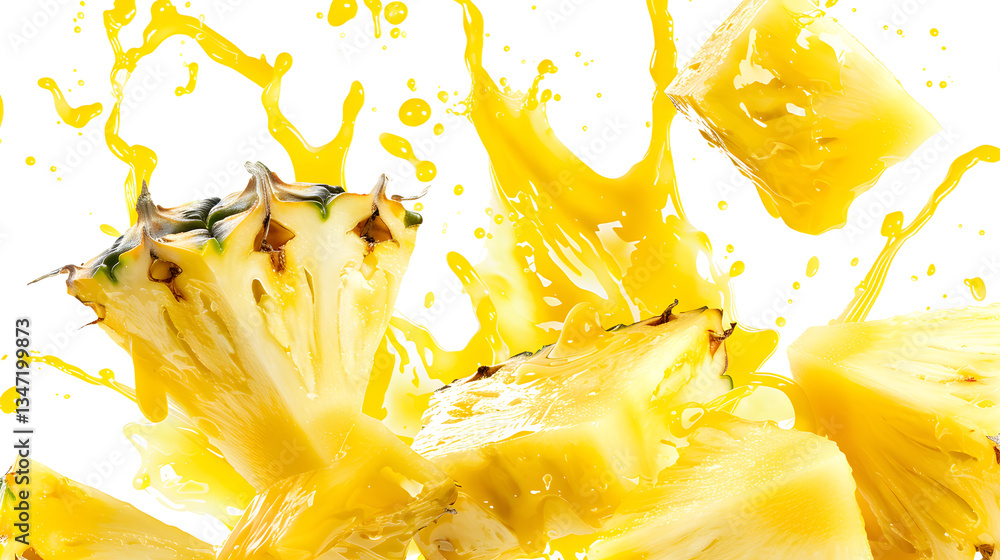 Aufkleber pineapple chunks and juice splash in the shape of a triangle isolated on a transparent background, d