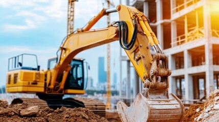 Fototapeta premium Heavy excavator at construction site during urban building project banner