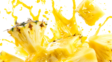Pineapple chunks and juice splash in the shape of a triangle isolated on a transparent background, detailed photo, png 
