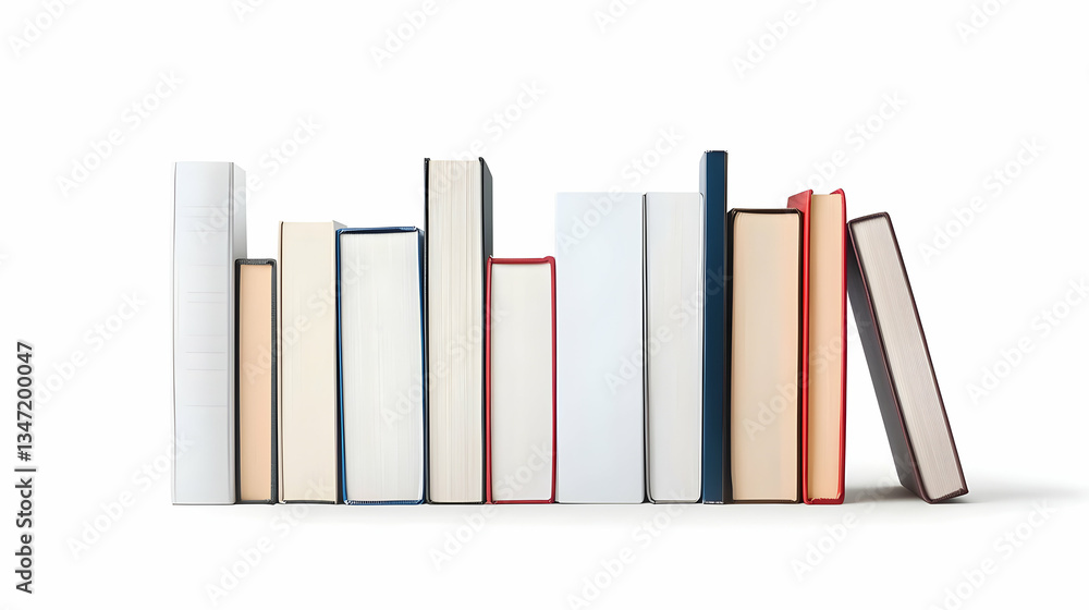 Poster assortment of various sized books arranged in a row on white background with shadow