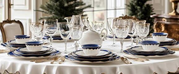 Elegant blue and white dinnerware set with crystal glassware on a table.