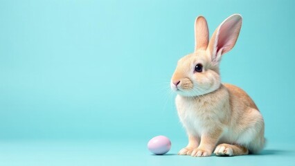 Obraz premium Easter small, fluffy rabbit poses beside a pastel-colored egg on a vibrant blue backdrop, capturing a playful moment. Banner with copy space.