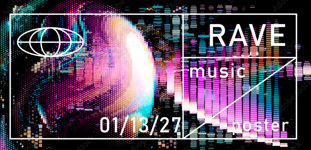 Poster Colorful rave poster with pixelated swirl patterns and bold typography. Features dynamic digital waves, creating an energetic and modern music vibe.