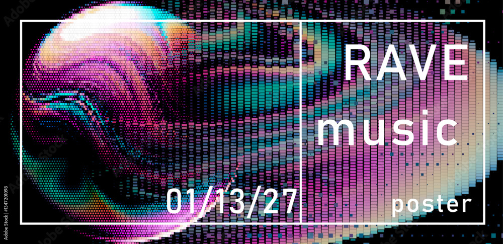 Aufkleber vibrant rave poster with swirling pixelated patterns and bold typography. features colorful digital 