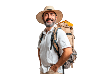 Cheerful male adventurer stands confidently wearing a straw hat and backpack isolated on transparent background