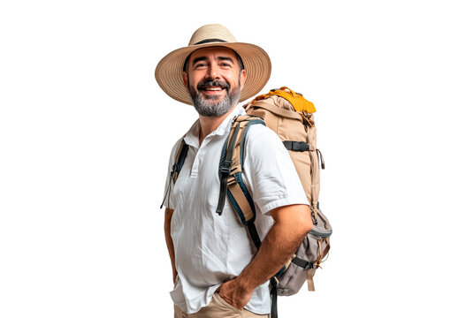 Cheerful male adventurer stands confidently wearing a straw hat and backpack isolated on transparent background - Powered by Adobe