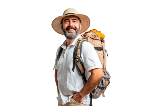 Cheerful male adventurer stands confidently wearing a straw hat and backpack isolated on transparent background