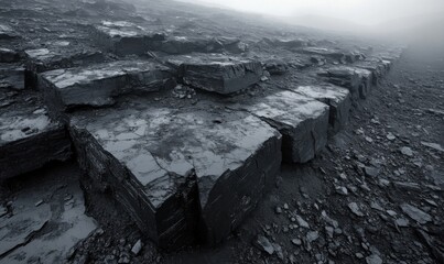 Mysterious rocky landscape shrouded in fog near the coast at dawn