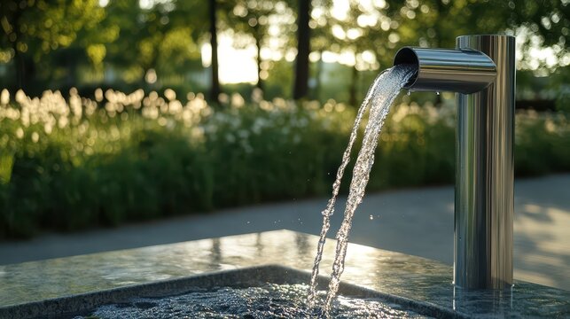 A sleek, modern water bottle refill station in an urban park, with clear water flowing into reusable bottles, vibrant greenery in the background, featuring ultra-detailed textures and an eco-friendly