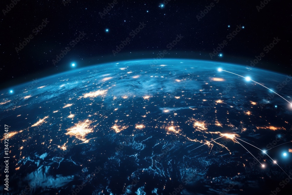Poster night earth global virtual internet world connection of metaverse technology network digital communi