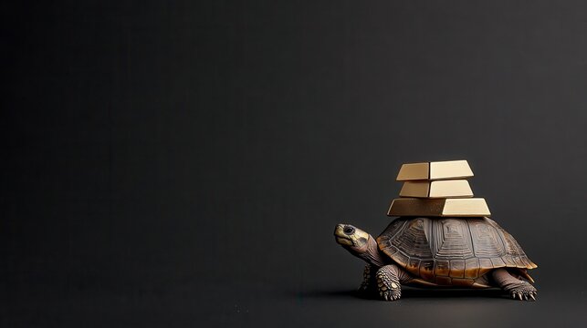 A turtle carrying a stack of gold bars on its shell, slow and steady financial metaphor