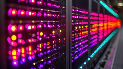 Colorful lights create a blurred corridor with bokeh effect. Focus on left side