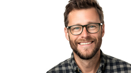 Obraz premium Portrait of a happy smiling teacher man wearing glasses isolated on transparent background, detailed photo, png 