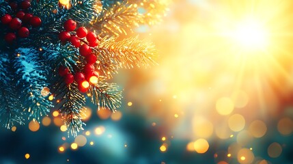 Decorated festive branch with warm bokeh sunburst glow